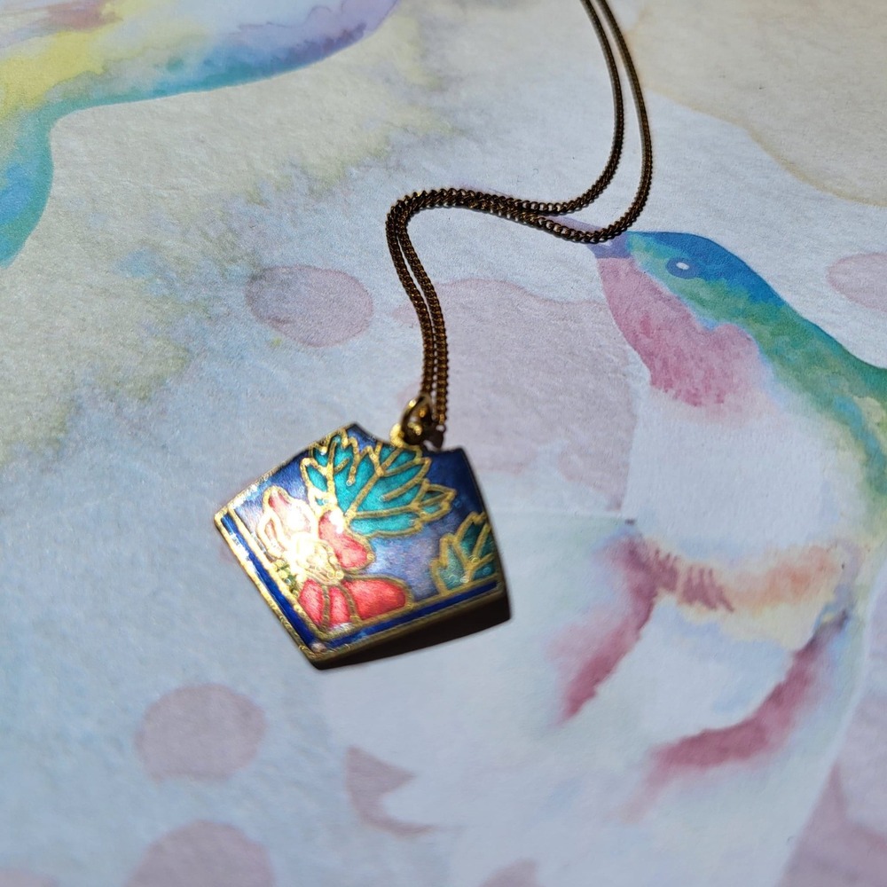 Vibrant Vintage Cloisonne Floral Pendant Necklace 18in Colorful Gold Romantic